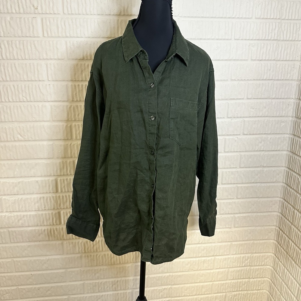 Athleta Retreat 100% Linen Top Olive Green Shirt Women Loose Button Up Sz M